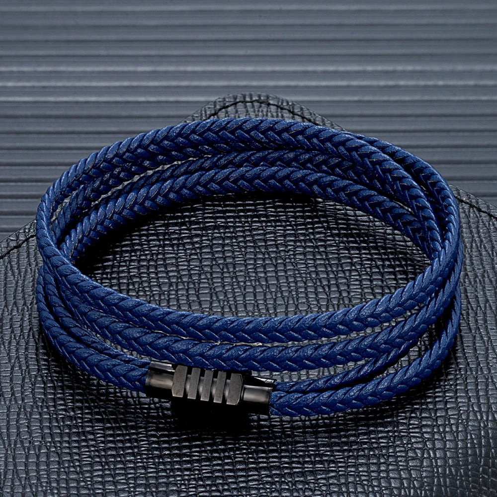 MKENDN Fashion Braided Rope Woven Multilayer Genuine Leather Bracelets Men Punk Black Stainless Steel Bangle Handmade Jewelry