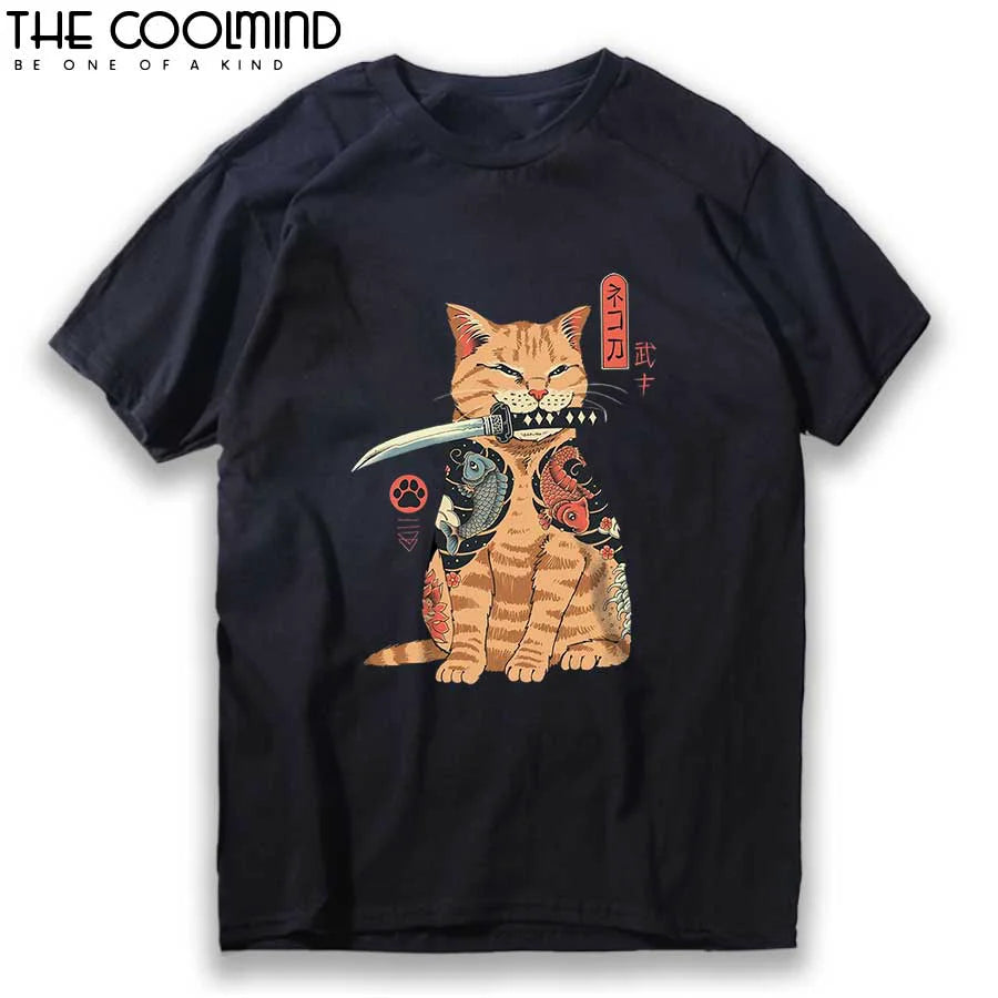 COOLMIND 100% Cotton Short Sleeve Knife Cat Print Men Tshirt Cool Cat Men T Shirt o-neck Loose t-shirt Mens Tee Shirts Tops