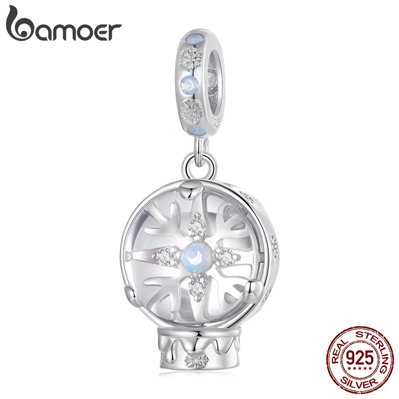 BAMOER S925 Pendentif boule de cristal flocon de neige de Noël en argent pour bracelet original DIY Bamoer Charm pour la fabrication de bijoux cadeau de Noël