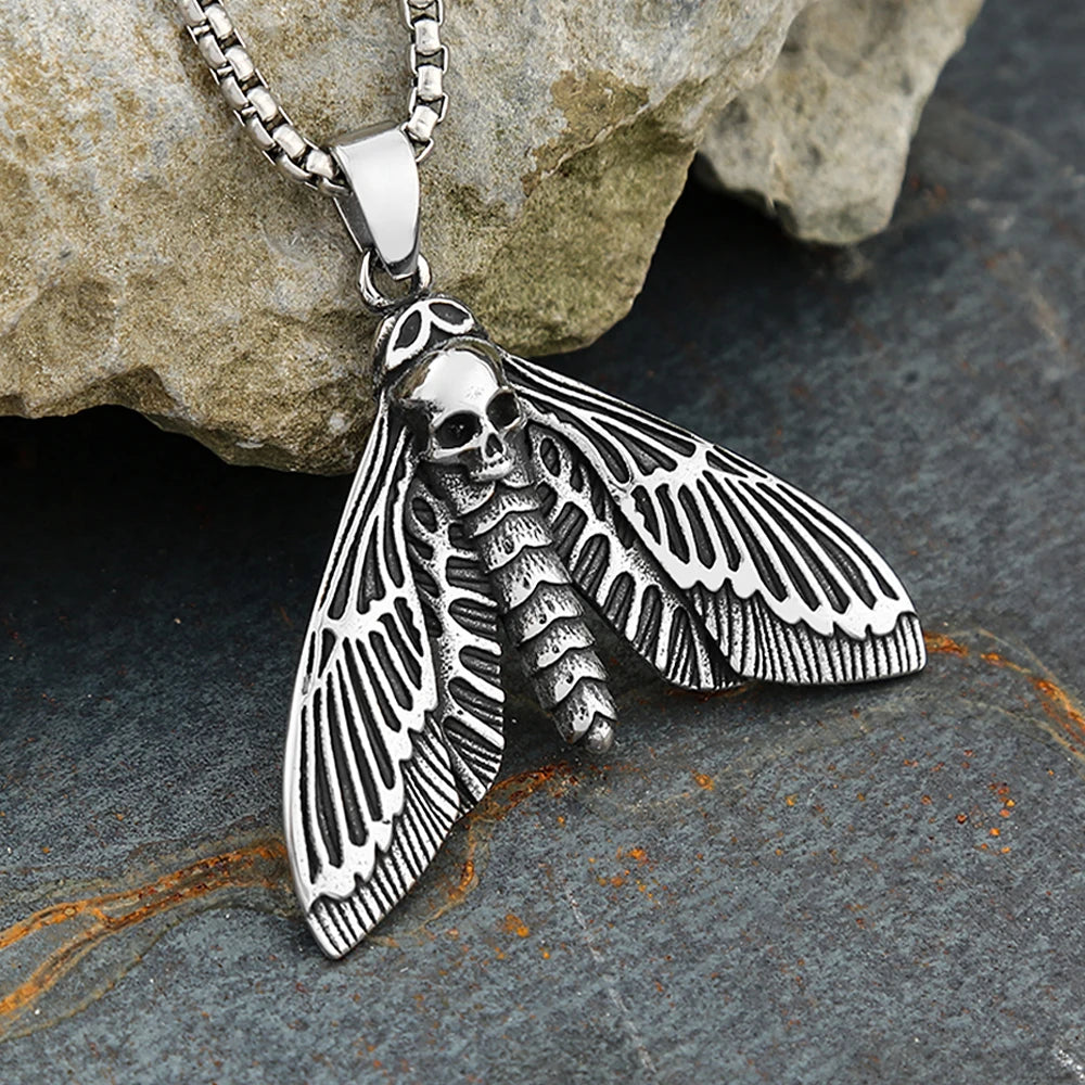 Gothic Vintage Death Moth Pendant Necklace For Men Women Punk Stainless Steel Butterfly Skull Necklaces Biker Animal Jewelry