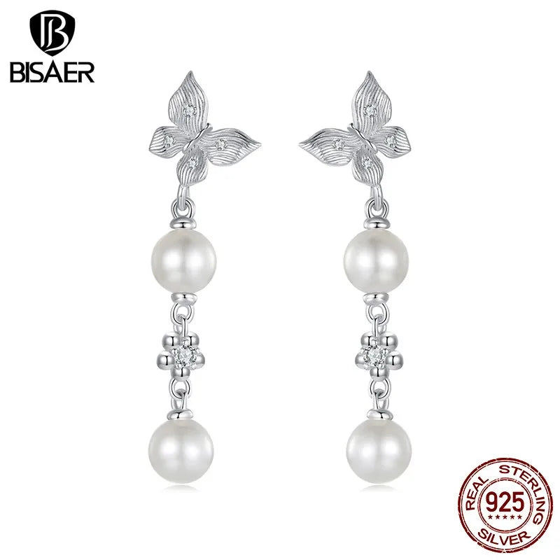 BISAER 925 Sterling Silver Pearl Butterfly Stud Earrings Line Earrings Plated White Gold for Luxury Women Party Fine Jewelry