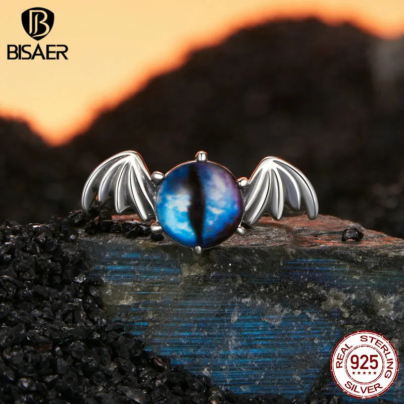 BISAER Real 925 Sterling Silver Bule Devil Eye Open Ring Adjustable Size 5-9 for Women Party Fine Jewelry Halloween Gift EFR605