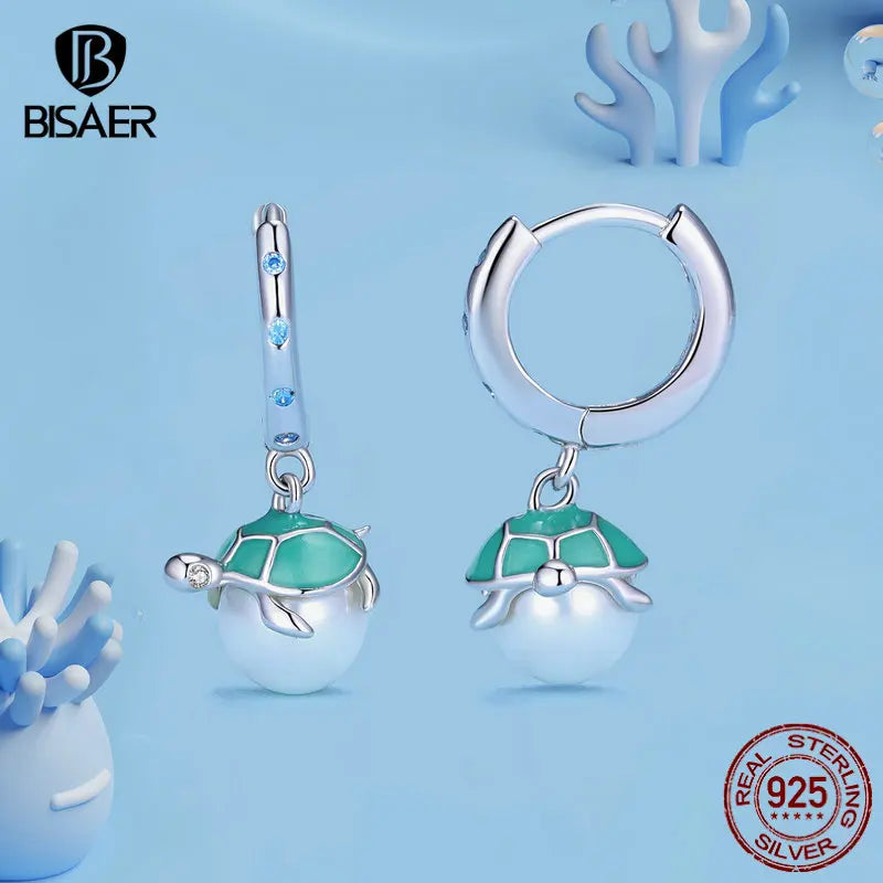 BISAER 925 Sterling Silver Blue Seashell Turtle Hoop Earrings Starfish Stud Earrings for Women Beach party Fine Jewelry Gift