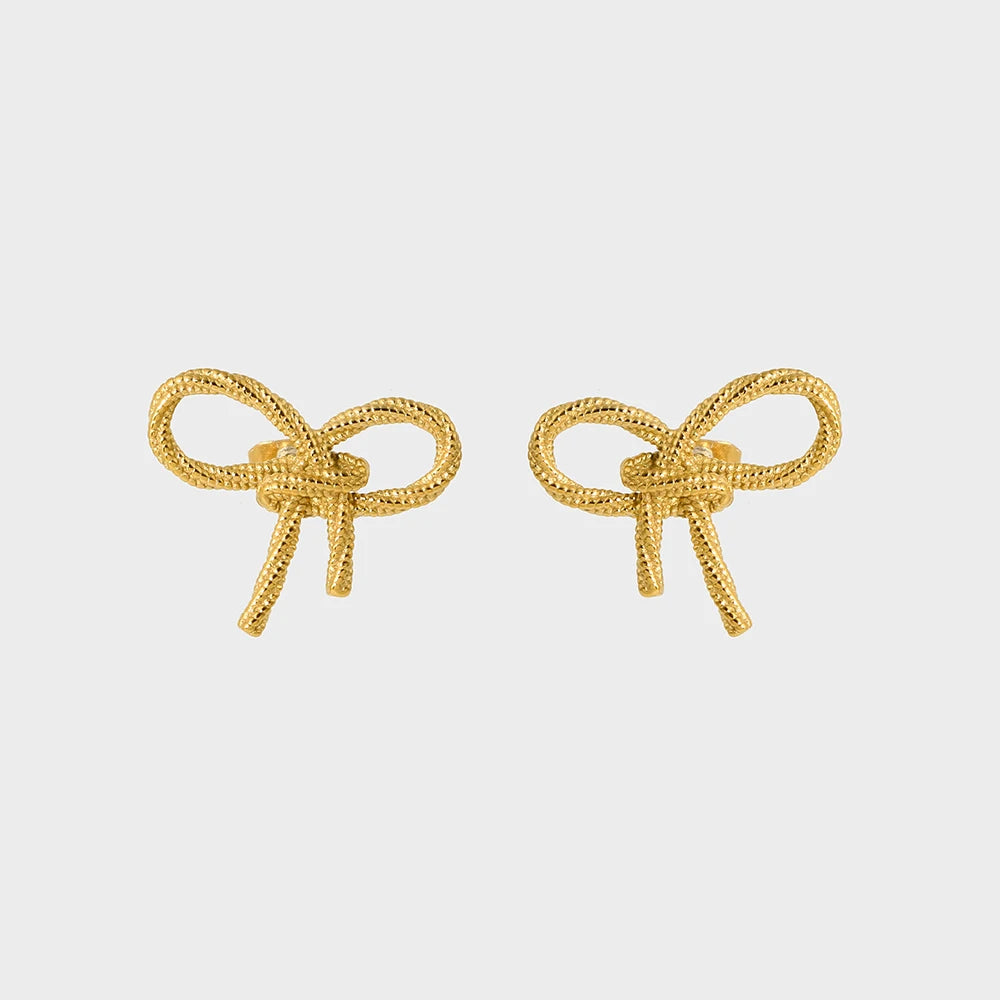 New Trend Stainless Steel 16K Gold Plated Bow Studs Texture Bowknot Dainty Earring Waterproof Women Jewelry Party Gift