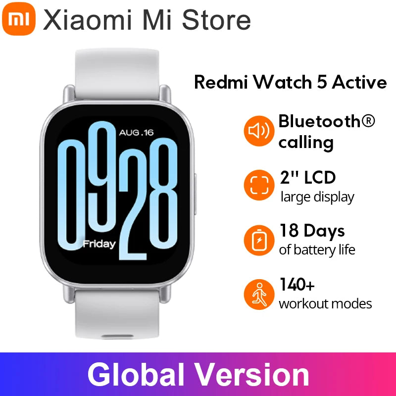 Global Version Xiaomi Redmi Watch 5 Active 2'' Display Up to 18 days of battery life 140+ workout modes Bluetooth calling 5ATM