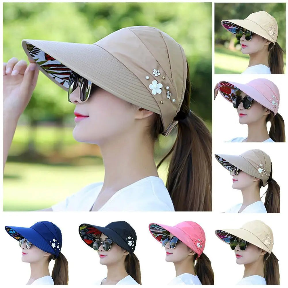 Fashion Womens Ladies Summer Vacation Wide Brim Foldable Sun Hat Anti-UV Beach Visor Caps Casual Hats