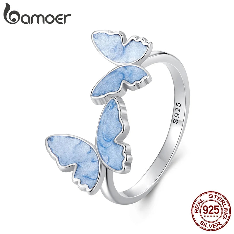 Bague ajustable en argent sterling 925 BAMOER en forme de papillon bleu, plaquée or blanc, jolie bague de promesse de Noël, bijoux délicats et chics