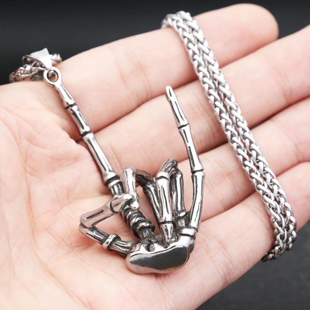 Vintage Gothic Skull Gestures Pendant Necklace For Men Women Punk Hip Hop Stainless Steel Skeleton Rock Necklaces Biker Jewelry