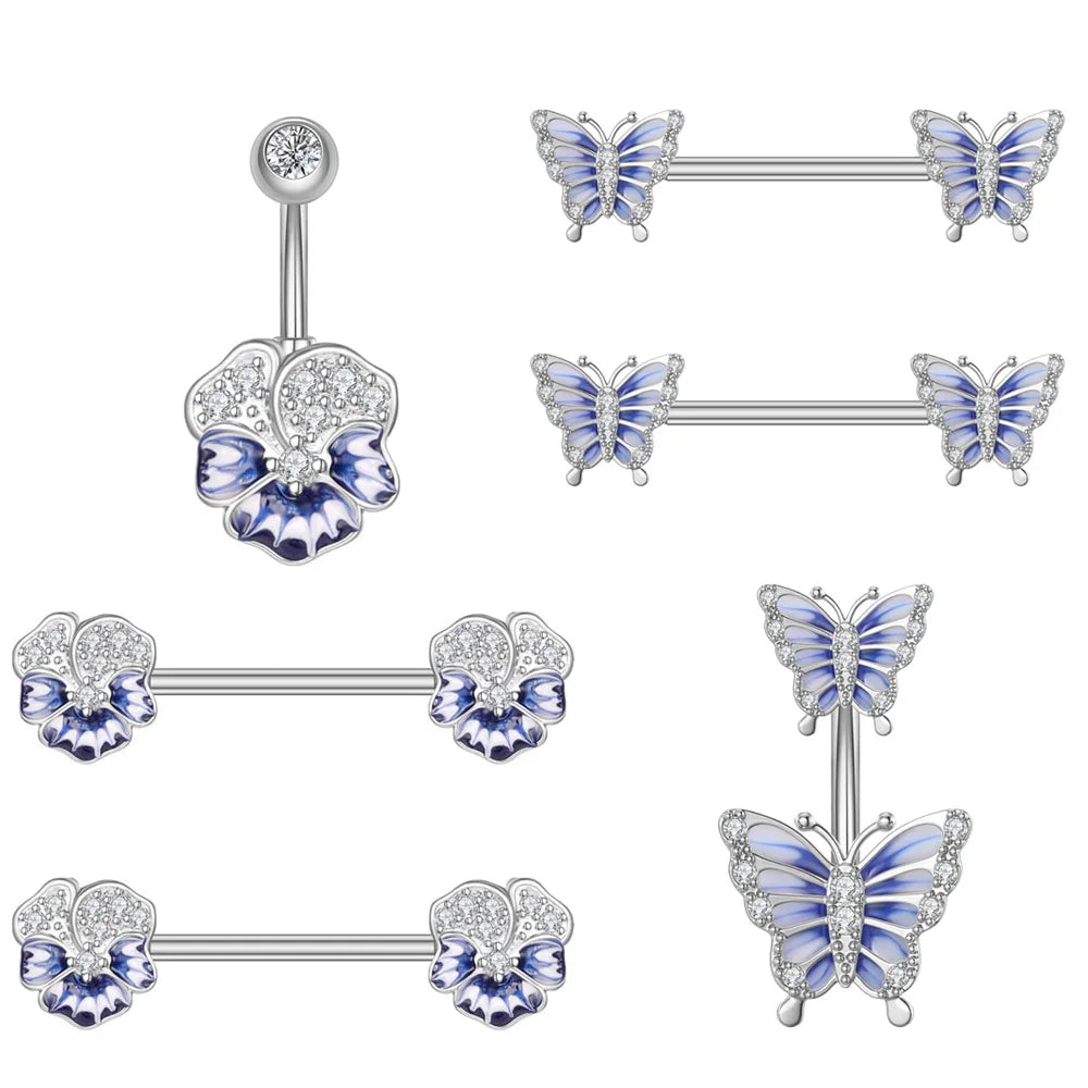 3pcs Belly Button Ring Nipple Piercing Sets Both Sides Screwed Sexy Body Nipple Rings Butterfly Flower Curved Navel Piercings