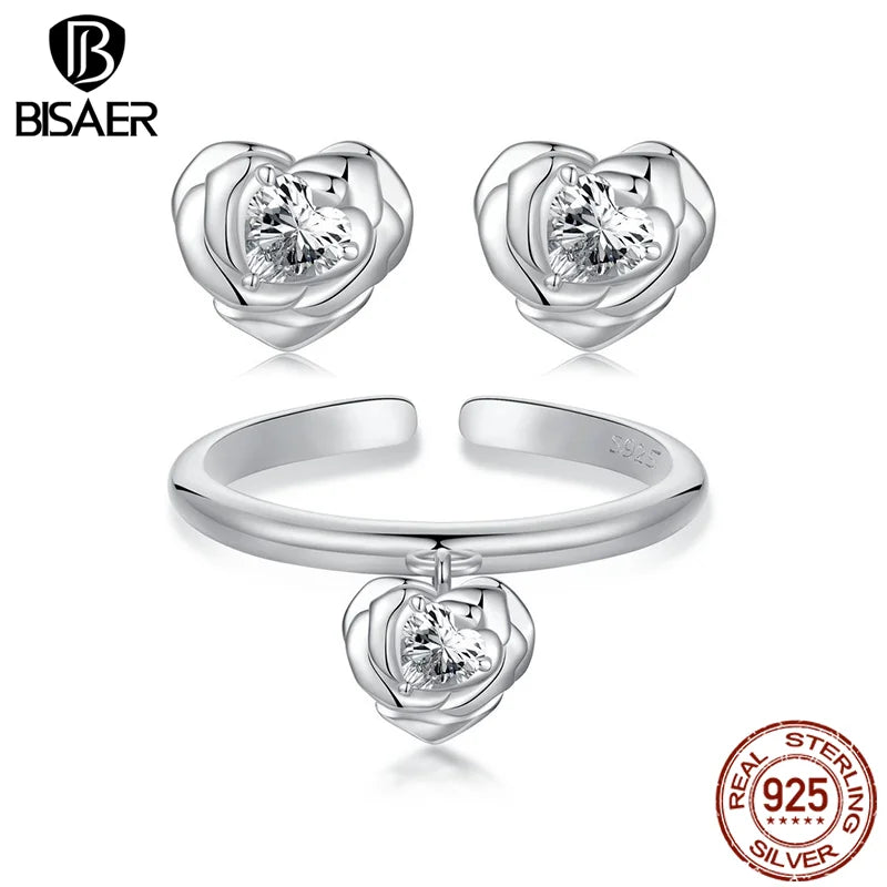 BISAER 925 Sterling Silver Heart Rose Open Ring Flower Adjustable Promise Rings Plated White Gold for Women Wedding Fine Jewelry