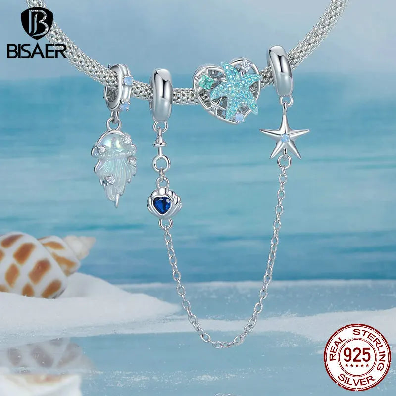 BISAER 925 Sterling Silver Fantasy Jellyfish Charm Planet Shell Starfish Pendant Fit Women DIY Bracelet  Jewelry Holiday Gift