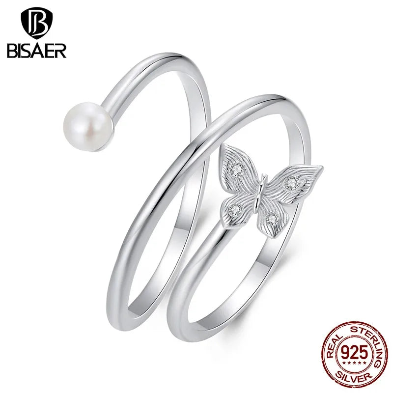 BISAER 925 Sterling Silver Butterfly Three-layer Open Ring Pearl Band Adjustable Plated White Gold for Women Party Fine Jewelry