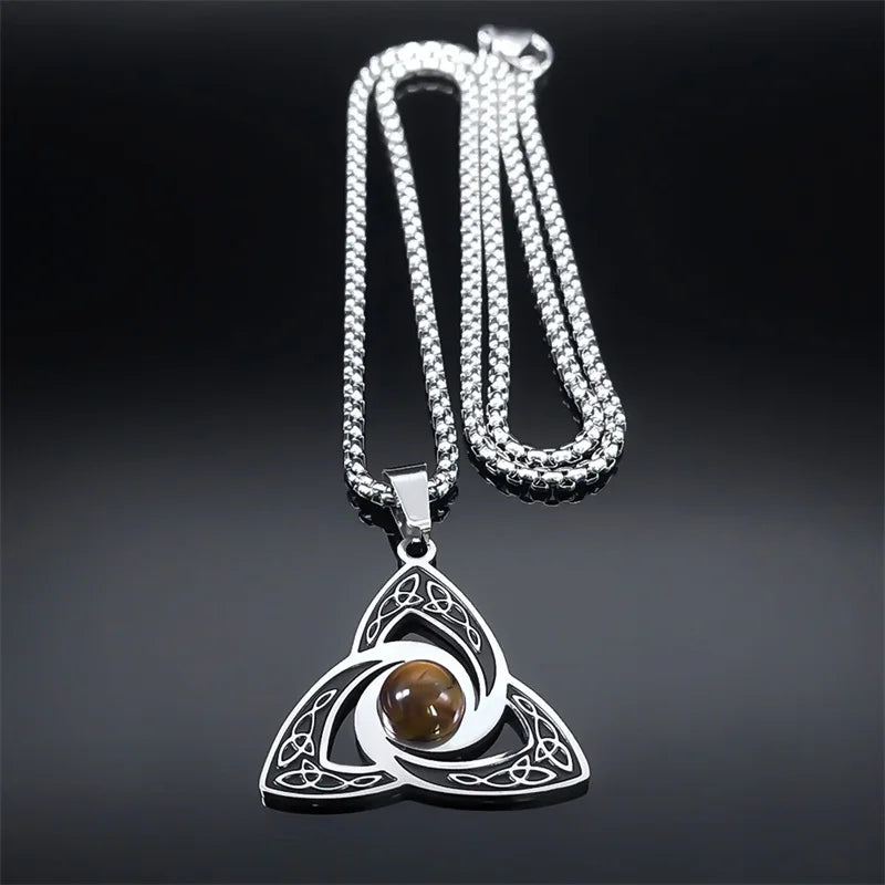 Viking Trinity Knot Necklace for Women Men Stainless Steel Tiger Eye Witch Irish Celtic Lucky Amulet Chain Jewelry N3806S02