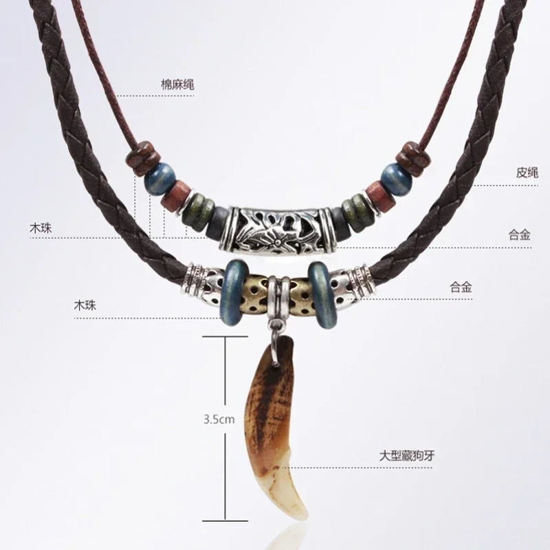 Goth Multi-layer Vintage Wolf Tooth Pendant Leather Beaded Necklace