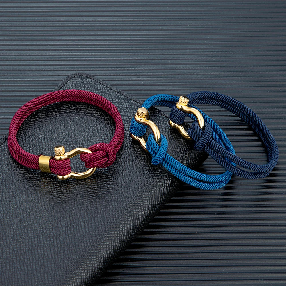 MKENDN Navy Style Braided Rope Bracelet Never Fade Stainless Steel Gold Color Horseshoe Clasp Bracelet for Men Women Couple Gift