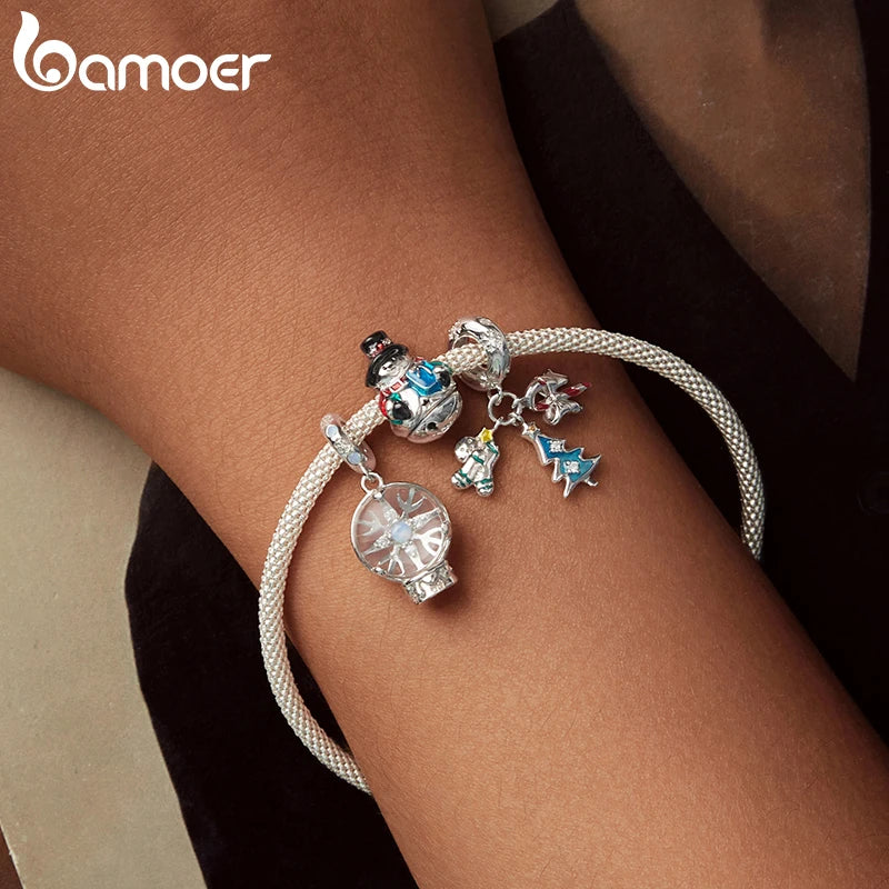 BAMOER - Breloque en forme de bonhomme de neige de Noël en argent massif S925 - Compatible avec un bracelet original - Breloque Bamoer pour la fabrication de bijoux - Cadeau de Noël