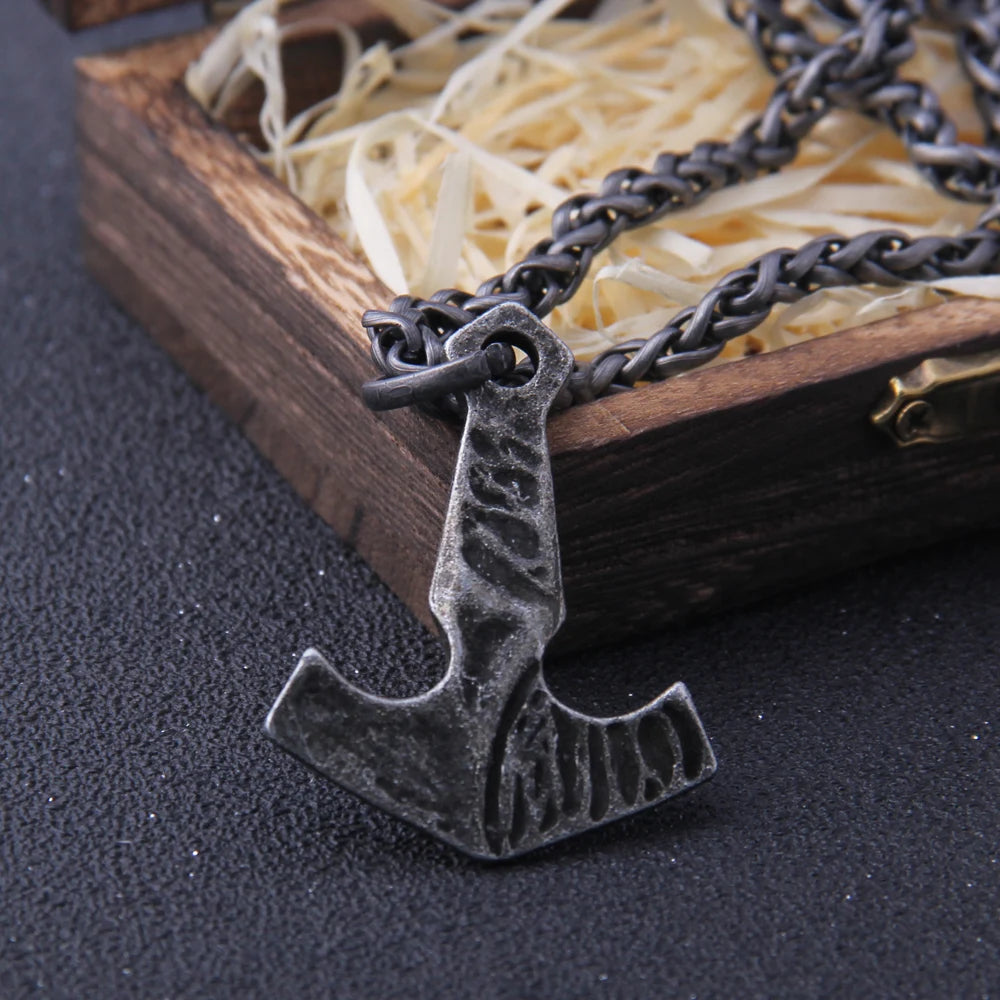 Fashion Valknut Viking Thor's Hammer Pendant Necklace With keel Chain As Men Gift with wooden box