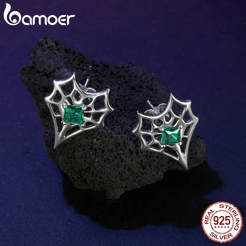 BAMOER Solid 925 Sterling Silver Halloween Spider Web Earrings for Women Hypoallergenic Stud Earrings Birthday Jewelry Gift