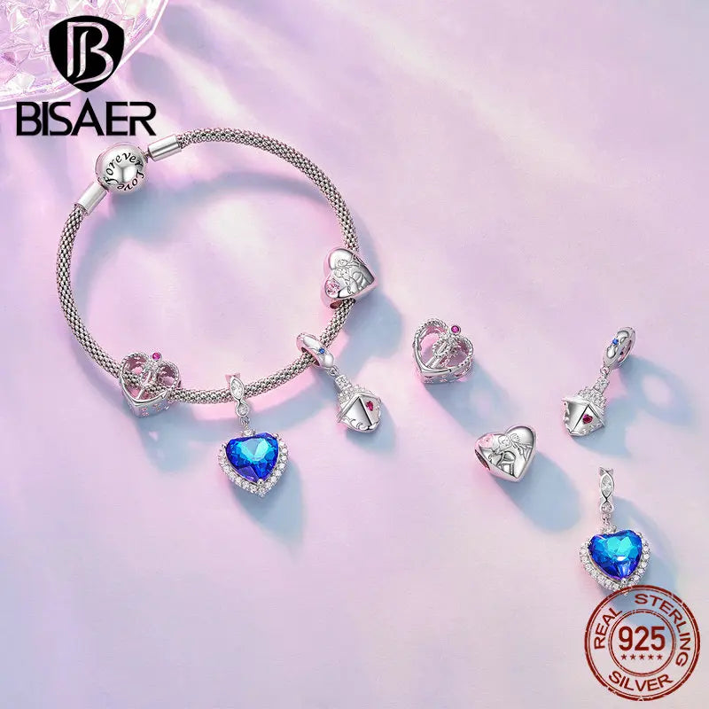 BISAER 925 Sterling Silver Pink Series Charm Heart Safety Chain Bead Pendant Fit Bracelets Mother's Day Lovers Fine Jewelry Gift