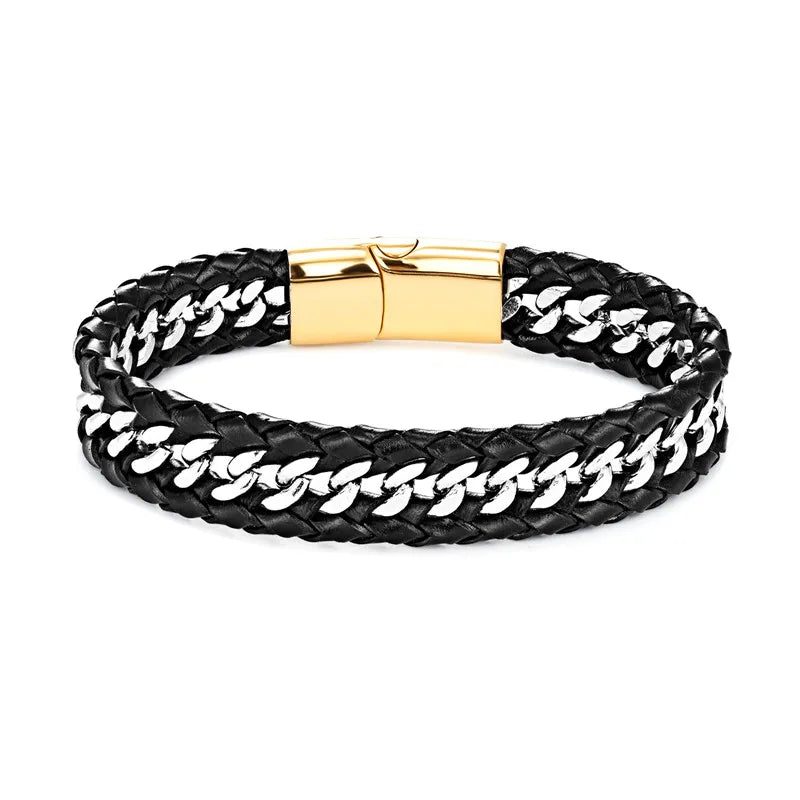 MKENDN Punk Cuban Link Chain Stainless Steel Bracelet Men Black Multilayer Braid Genuine Leather Bracelets Bicycle Jewelry