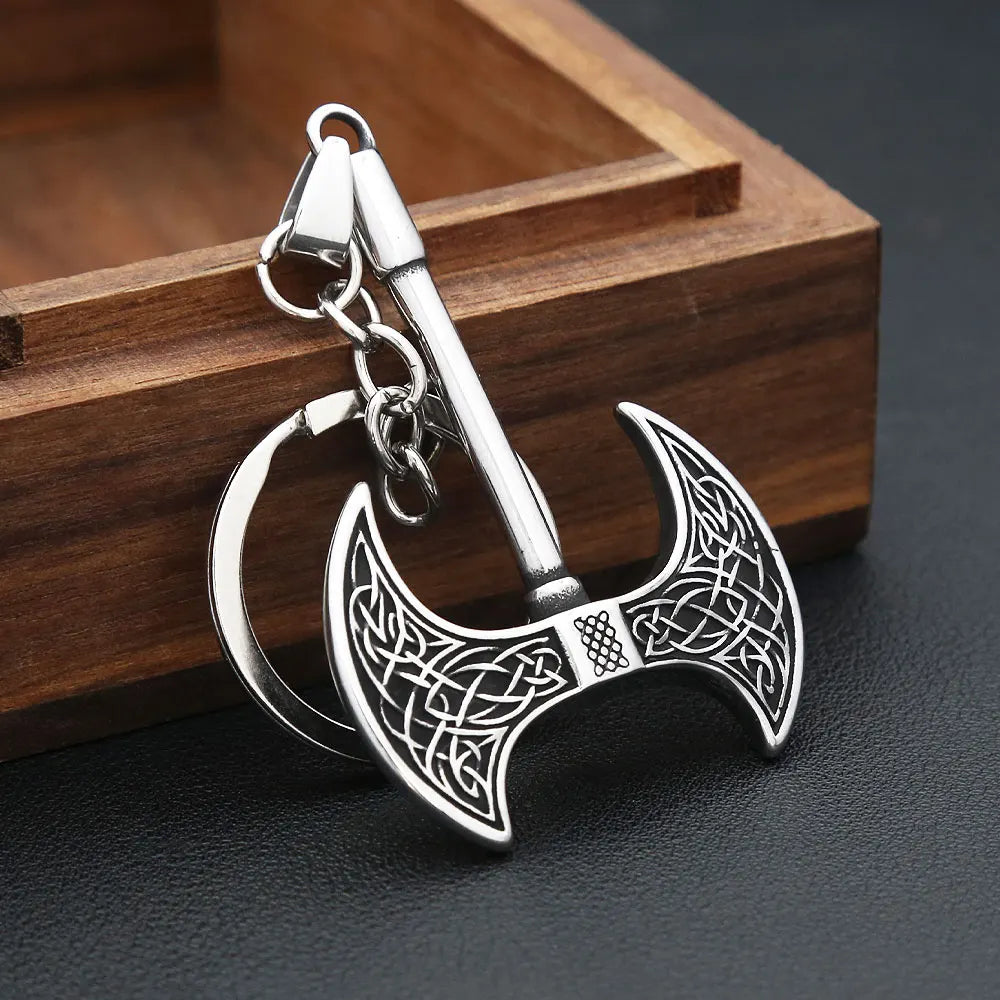 Vintage Stainless Steel Vikings Double Axe Keychains For Man Women Nordic Odin Amulet Pendant Key Chain Pagan Jewelry Wholesale