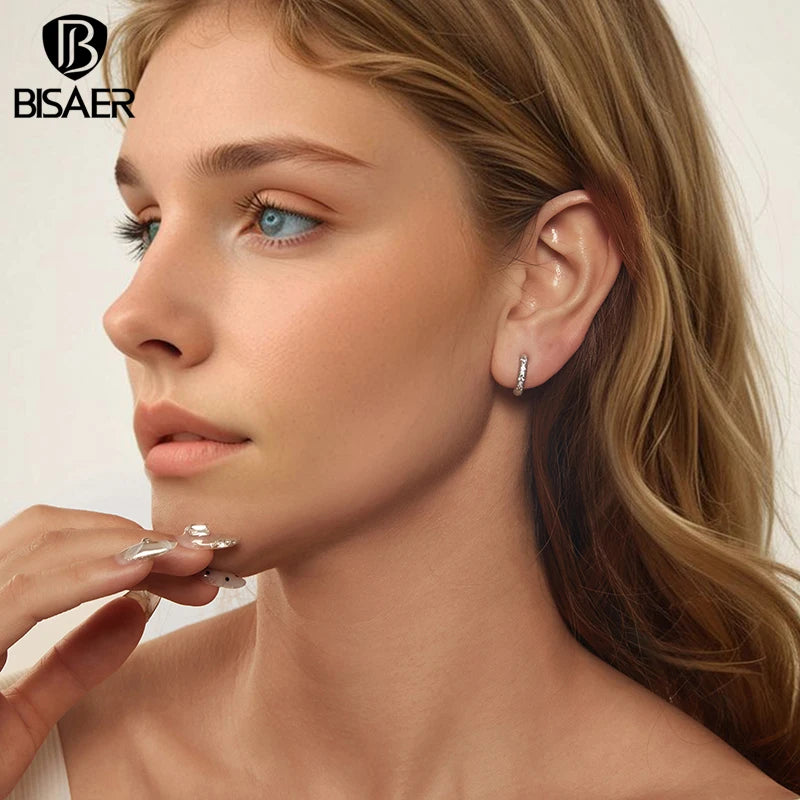 BISAER 925 Sterling Silver Starry Ear Buckles Round Hoop Earrings Plated White Gold for Elegant Women Party Fine Jewelry EFE1114