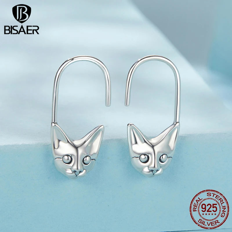 BISAER 100% 925 Sterling Silver Cat Stud Earrings Cute Pets Clasp Earrings For Women Party Fine Original Jewelry ECE1836