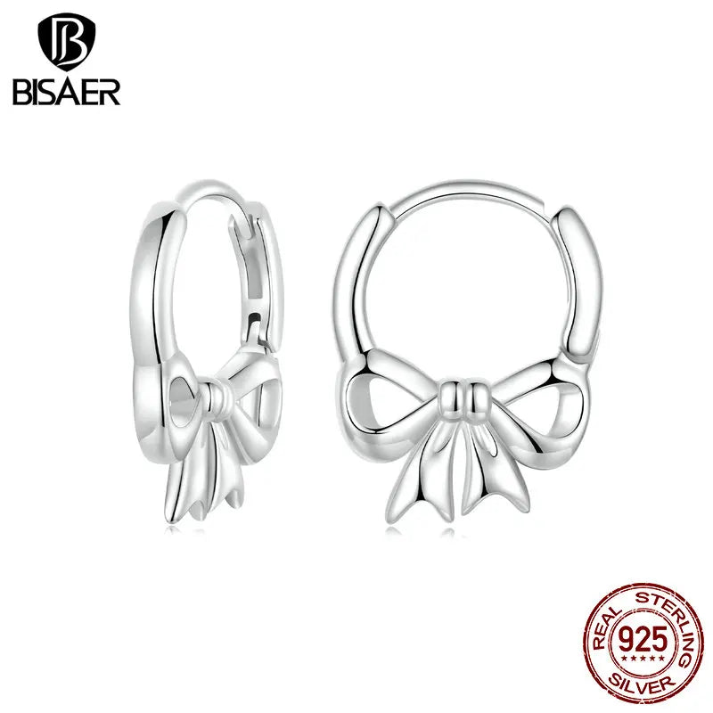 BISAER 925 Sterling Silver Bowknot Hoop Earrings Plated White Gold For Girl's Romance Party Weeding Fien Jewelry Gift EFE1078