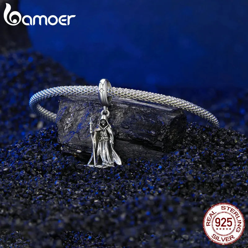 BAMOER Solid 925 Sterling Silver Wand-wielding Grim Reaper Pendant fit Original Bracelet & Necklaces Halloween Jewelry DIY