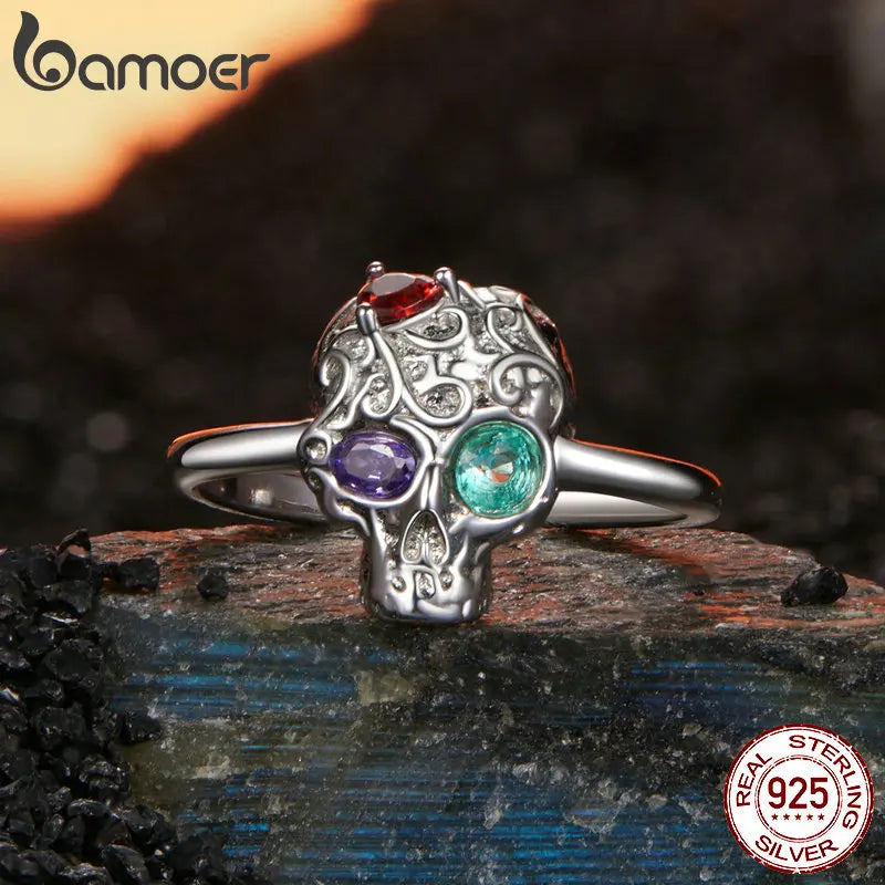 BAMOER Genuine 925 Sterling Silver Skull Open Ring for Women Halloween Retro Finger Ring Fine Jewelry Birthday Gift BSR607-E