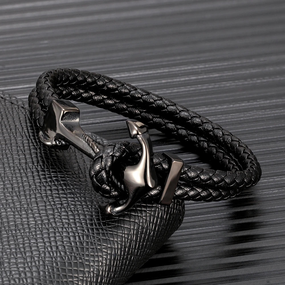 MKENDN Fashion Stainless Steel Charm Anchor Black Men Bracelet Leather Genuine Braided Punk Rock Bangles Jewelry Accessories