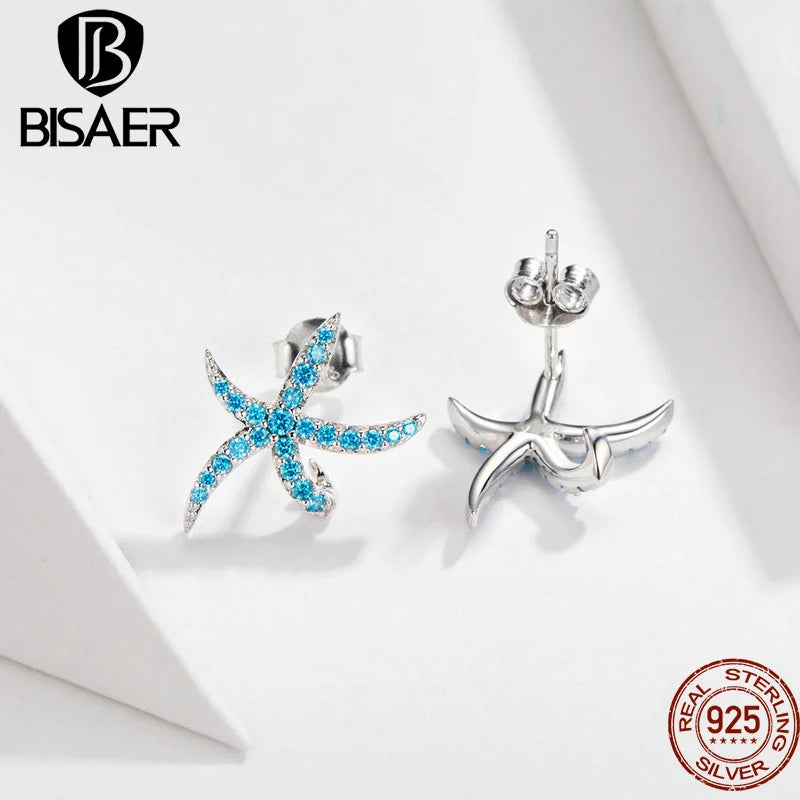 BISAER 925 Sterling Silver Starfish Earrings Blue Cubic Zircon Starfish Stud Earring For Women Beach Party Fine Jewelry EFE136