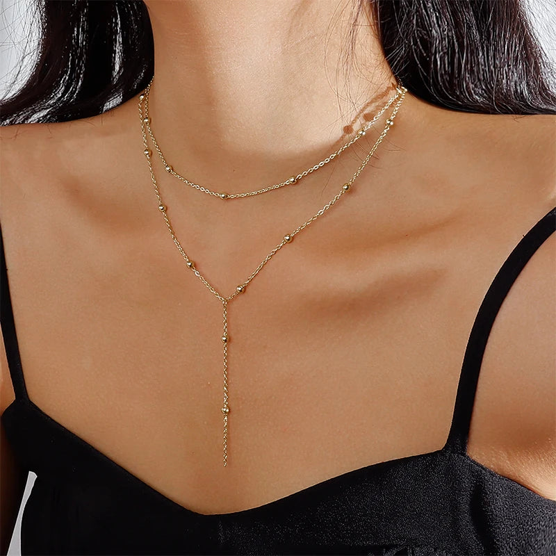 New Trendy 925 Sterling Silver Double Layer Bead Necklace Long Pendant Tassel Neckchain For Women Fine Jewelry Accessories Gift