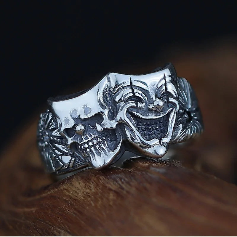 Retro Two Face Joker Ring für Männer Silber Farbe Punk Gothic Verstellbarer Ring Rock Handmade Hiphop Unisex Schmuck Zubehör Geschenk