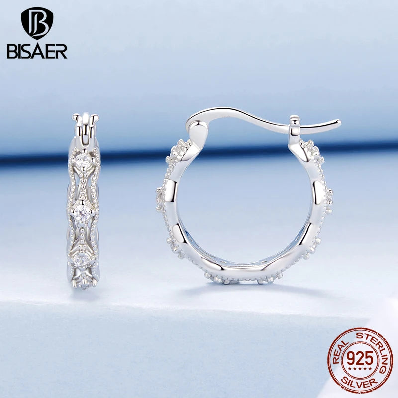 BISAER Real 925 Sterling Silver Lace Sparkling Hoop Earring  Round Circle Cubic Zirconia Stud Ear For Woman Party Fine Jewelry