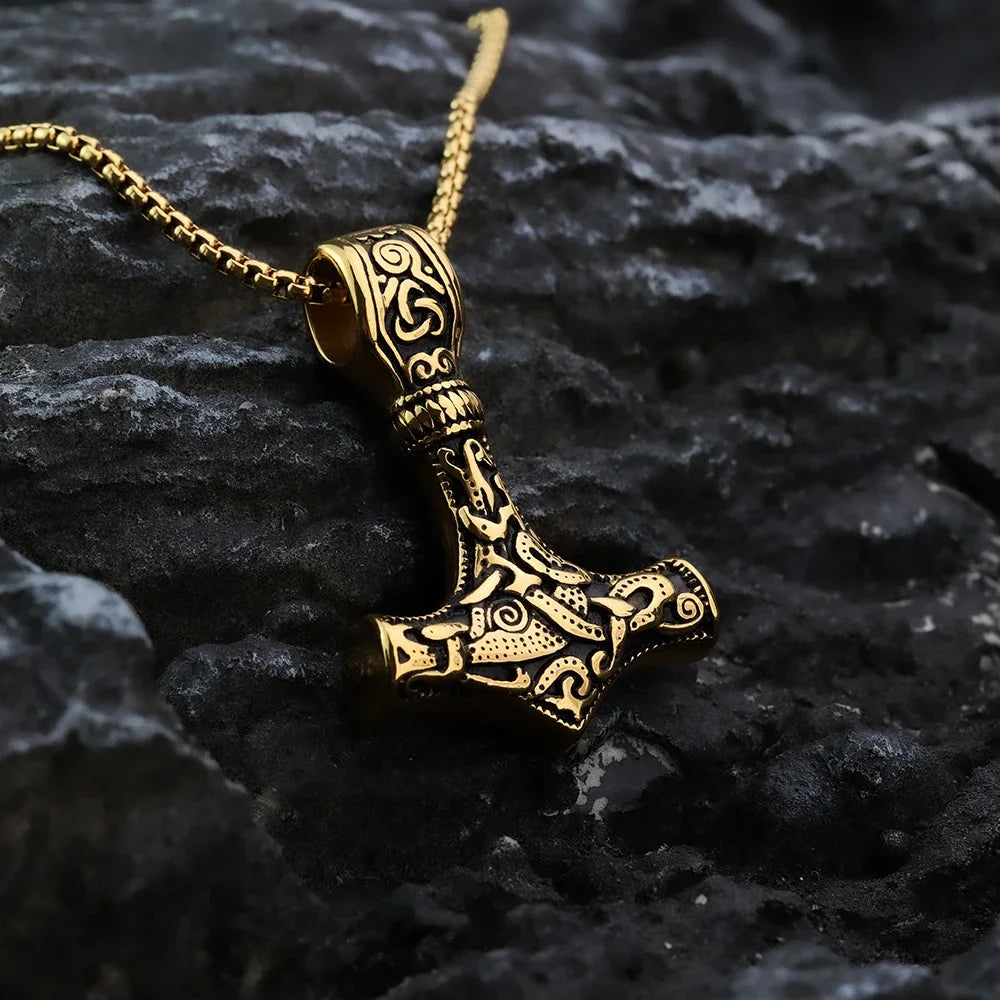 European and American style Golden Thor Hammer Fashion Viking Pirate Titanium Steel Men's Pendant Necklace Jewelry