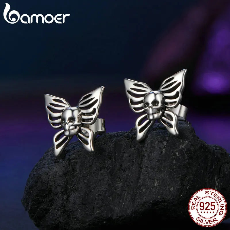 BAMOER Solid 925 Sterling Silver Halloween Skull Butterfly Earrings for Women Hypoallergenic Stud Earrings Birthday Jewelry Gift