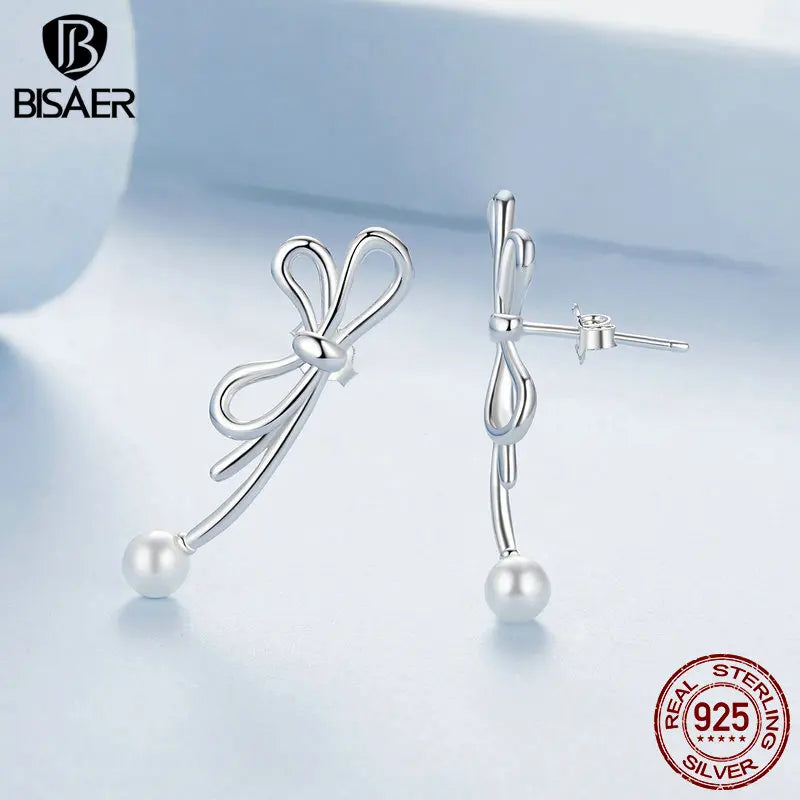 BISAER 925 Sterling Silver Delicate Bowknot Stud Earrings Pearl Plated White Gold Stud Ear For Woman Party Fine Jewelry Gift