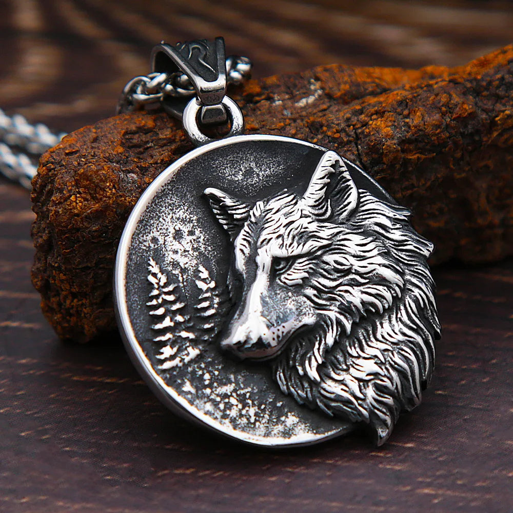 Men Vintage Viking Wolf Pendant Necklace Punk Street Rock Nordic Stainless Steel Odin Wolf Head Necklace Fashion Jewelry