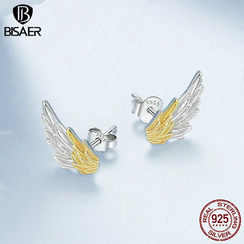 BISAER 925 Sterling Silver Two-tone Wing Ring Angel Wings Stud Earrings 14K Gold Plated for Elegant women Party Fine Jewelry