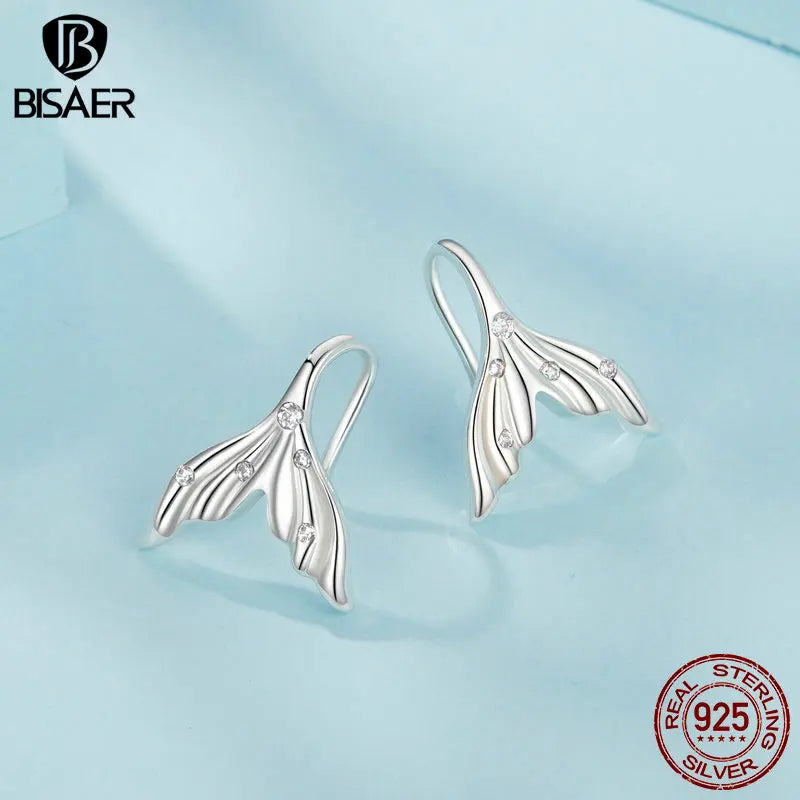 BISAER Real 925 Sterling Silver Mermaid Tail Stud Earrings Sparkling Zircon Stud Ear For Woman Party Fine Jewelry Holiday Gifts