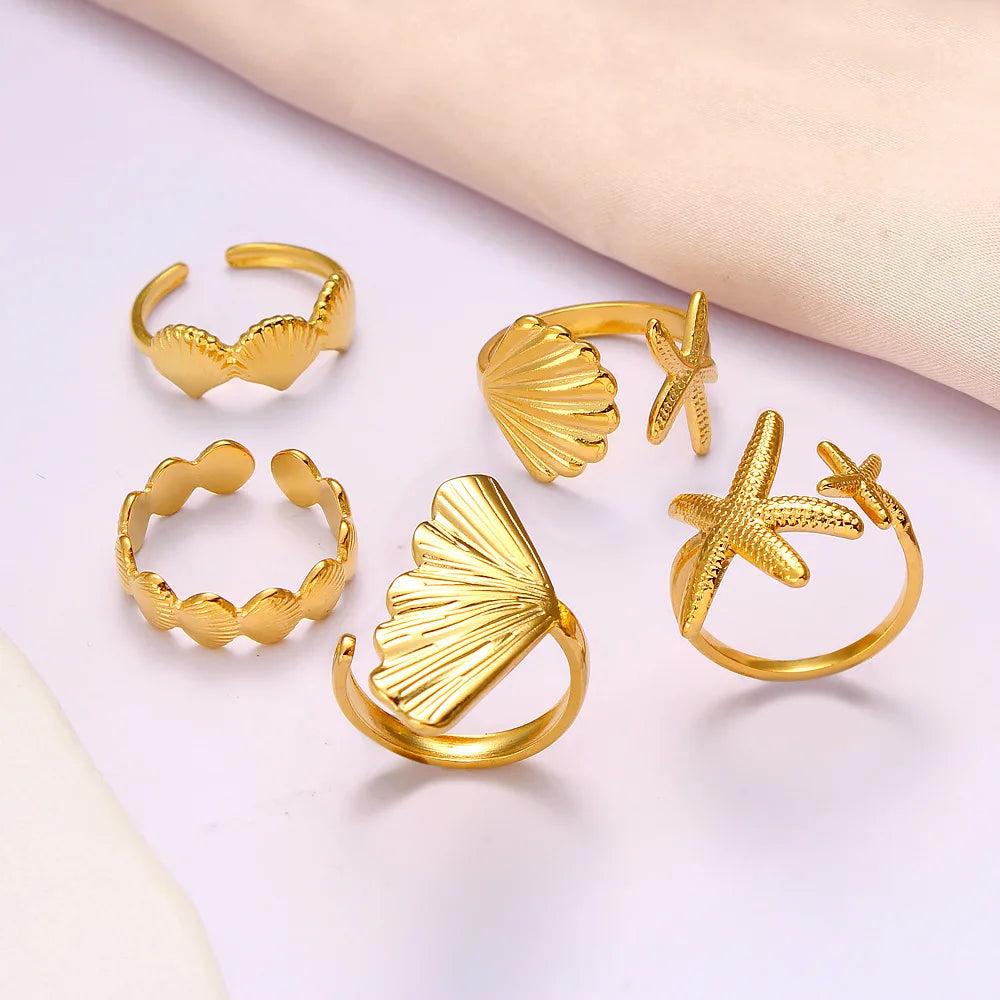 Ocean Starfish Shell Open Rings For Women Men Gold Color Stainless Steel Ring Wedding Couple Engaement Jewelry Summer Beach Gift