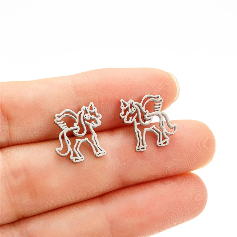 Cute Animal Stainless Steel Earrings Women Fashion 2024 Jewelry Horse Shark Dinosaur Swallow Earings Small Cat Ear Studs Bijoux