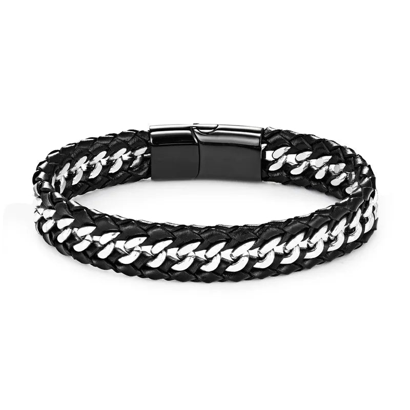 MKENDN Punk Cuban Link Chain Stainless Steel Bracelet Men Black Multilayer Braid Genuine Leather Bracelets Bicycle Jewelry