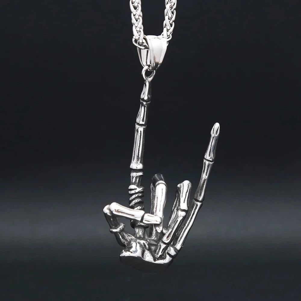 Vintage Gothic Skull Gestures Pendant Necklace For Men Women Punk Hip Hop Stainless Steel Skeleton Rock Necklaces Biker Jewelry