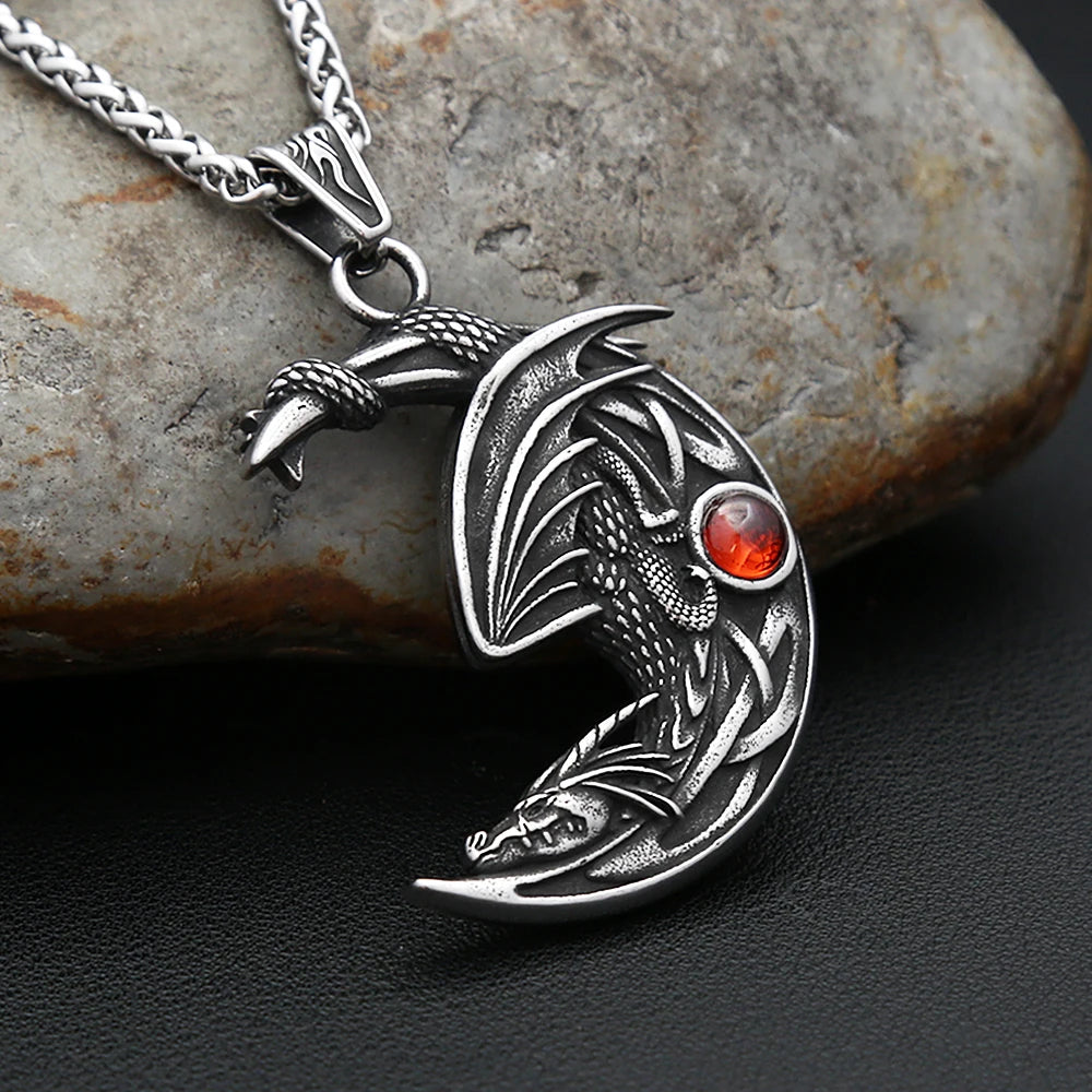 New Vintage Sleeping Dragon On Moon Pendant For Men Women Stainless Steel Natural Stones Necklace Fashion Party Jewelry Gifts