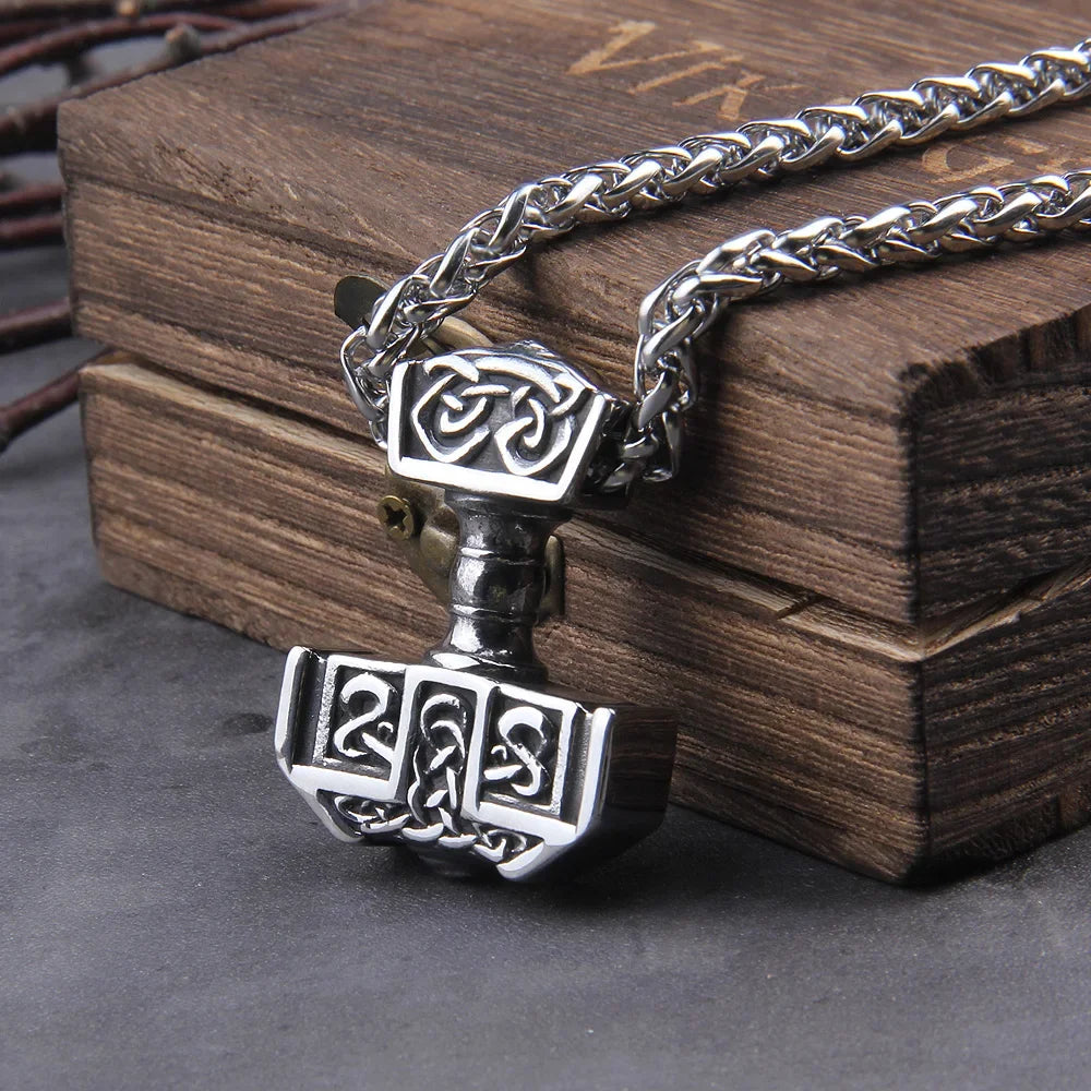 Fashion Valknut Viking Thor's Hammer Pendant Necklace With keel Chain As Men Gift with wooden box