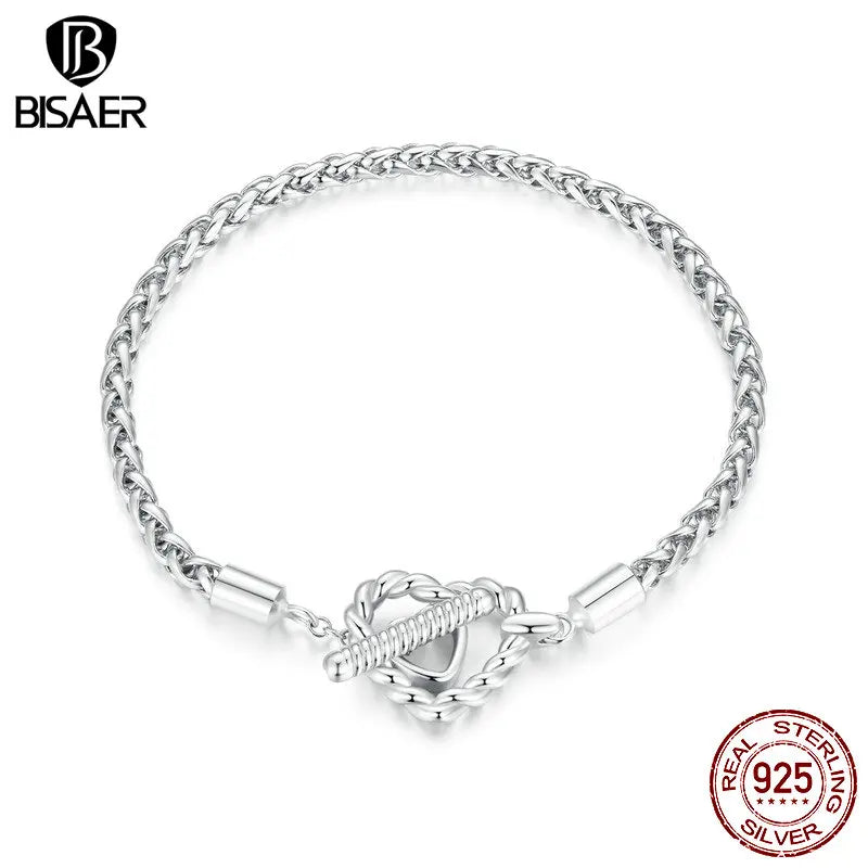 BISAER 925 Sterling Silve Heart-Shaped Basic Bracelet Snake Chain Plated Platinum for Lovers Bead & Charm DIY Fine Jewelry Gift