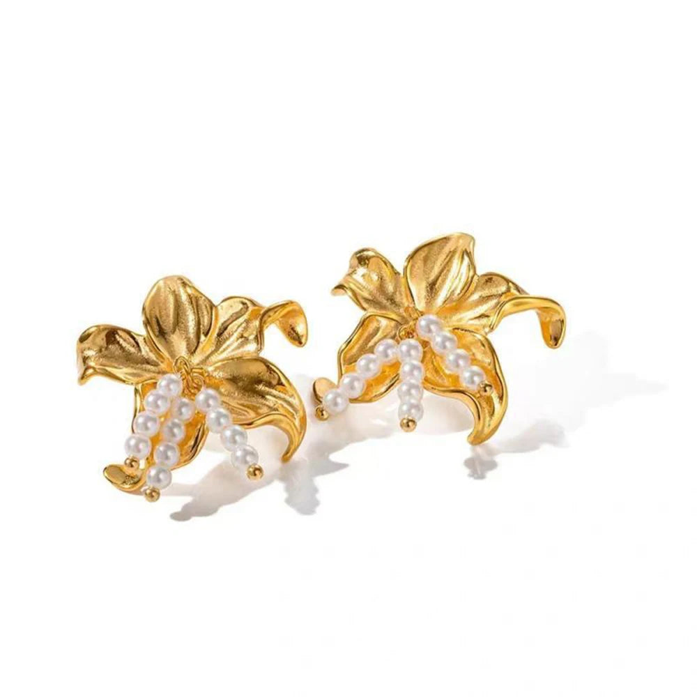 INS Trendy 18K Gold Plated Stainless Steel Stylish l Flower Big Statement Stud Earrings Metal Imitation Pearl Charm Jewelry Gift