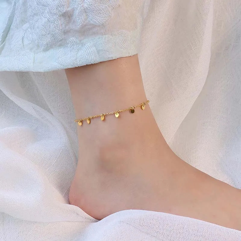 18K Gold Plated Stainless Steel Round Charm Adjustable Anklets for Women Waterproof Beach Foot Bracelet Jewelry Gift